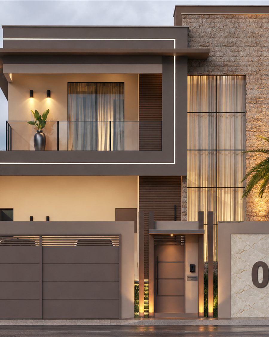 Imagem 3D da Residência Átrio de Luz com composição arquitetônica clara.